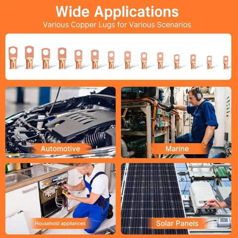Heavy Duty Copper Battery Cable Lugs Kit With 120 Pcs Ends For AWG 1/0 To 2/0 And 1, 2, 4, 6, 8 Gauge used in various applications
