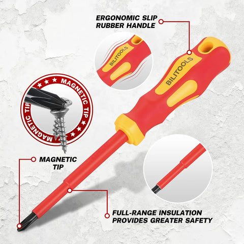 Pro Grade Electrician Toolkit Featuring Vde Insulated Screwdrivers with magnetic tip and ergonomic rubber handle for safe jobs.