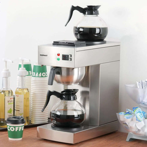 Front view of 12 Cup Commercial Drip Coffee Maker With Glass Carafes And Two Warmers For Cafe Bar Restaurant Office Breakroom Stainless Steel Housing Fast Brew And Pour Over Style Coffee Station For Busy Venues Barista Boss Vibe.