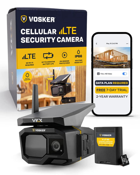Solar Powered 4G LTE Outdoor Security Camera For Remote Construction Sites With Included SIM Card Night Vision IP65 Weather Resistant Wireless Surveillance With Solar Panel And All Day Battery Life No WiFi Needed displayed with packaging and smartphone app.