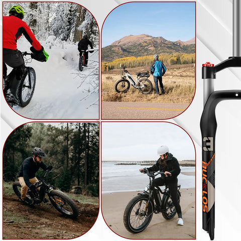 Fat Tire MTB Front Suspension Fork 26 Inch, 100mm Travel, 135mm Spacing, 9mm QR, 1 1/8 Straight Steerer on various terrains