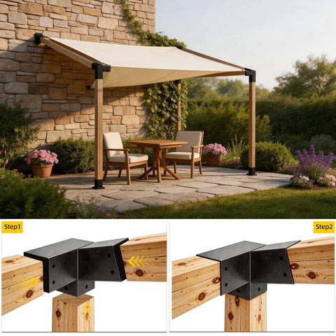15 Degree Pergola Bracket Kit 3 Way Right Corner Wood Brackets For 4x4 Posts shown on outdoor patio setup
