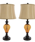 Set Of 2 LED Table Lamps With Amber Glass And Dark Bronze Metal Finish, modern end table and nightstand lights shown together
