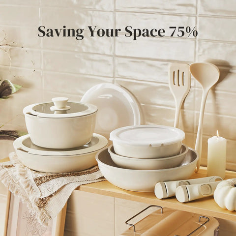 Ceramic Cookware Set With Detachable Handles, No Teflon Nonstick Pots And Pans, 16 Piece, PFAS PFOA PTFE Free on shelf