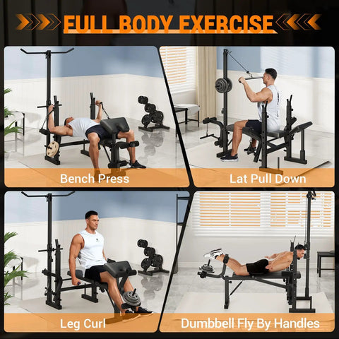 Versatile 7 In 1 Weight Bench For Home Gym With 1000Lb Capacity showing bench press, lat pull down, leg curl, dumbbell fly