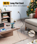 Lounge setup with Must-Have Power Strip Tower With Wireless Charger And Surge Protector, 9 Outlets, 4 USB Ports, 10ft Cord