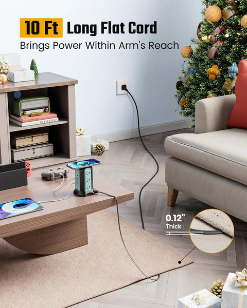 Lounge setup with Must-Have Power Strip Tower With Wireless Charger And Surge Protector, 9 Outlets, 4 USB Ports, 10ft Cord