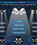 Two Pack 200W Ceiling LED Garage Lights With Six Adjustable Panels Deliver 20000 Lumens Of 6500K Daylight Brightness