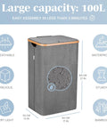 Breathable Fabric Laundry Hamper With Lid, Bamboo Frame, Side Handles, 26 Gallon Gray Go-To Laundry Basket With Features Chart