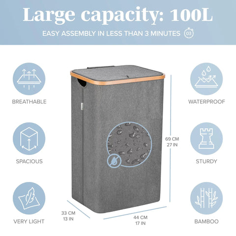 Breathable Fabric Laundry Hamper With Lid, Bamboo Frame, Side Handles, 26 Gallon Gray Go-To Laundry Basket With Features Chart