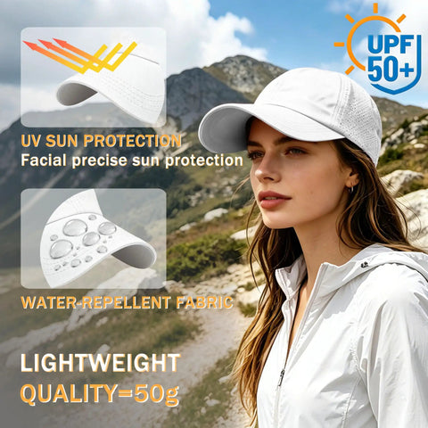 Woman wearing white Criss Cross Ponytail Baseball Cap For Women, Adjustable High Messy Bun Sun Hat, with UV protection.