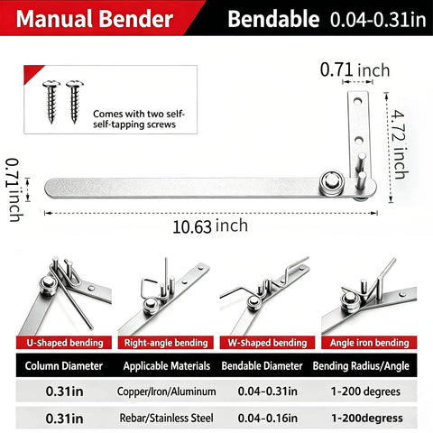 Compact Manual Rebar Bender And Wire Bending Jig For Garages Desktop Tubing Forming Tool dimensions 10.63 inches and 0.71 inch height.