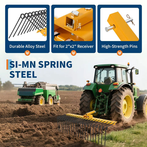 Tow Behind 60 Inch Dethatcher Rake With 21 Steel Tines For Tractors Category 1 Three-Point Hitch Yard Cleanup Attachment displayed on a field