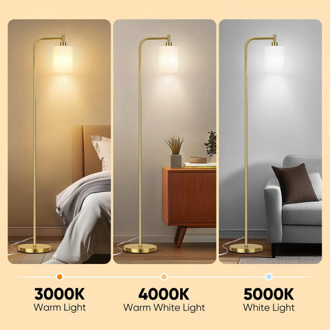Modern Floor Lamp For Living Room With Frosted Glass Shade, Industrial Gold Tall Pole Light With Foot Switch, Eye Friendly LED Lighting For Bedroom And Home Office, LED Bulbs Included showing three color temperatures.