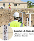 Surveyor using 32x Automatic Optical Level with self-leveling on construction site, featuring crosshairs and stadia lines.