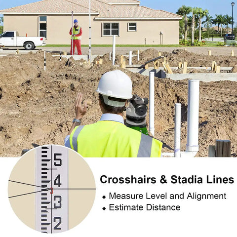 Surveyor using 32x Automatic Optical Level with self-leveling on construction site, featuring crosshairs and stadia lines.