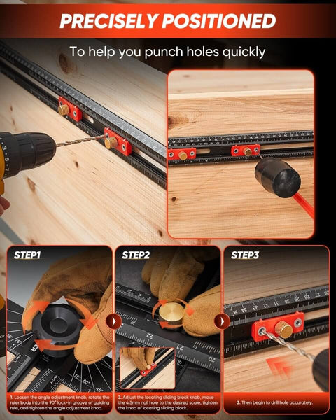 4 In 1 Scriber Marking Line Ruler 29.5 Inch Spliceable Extended T Square for DIY woodworking shown in use for cabinet drilling.