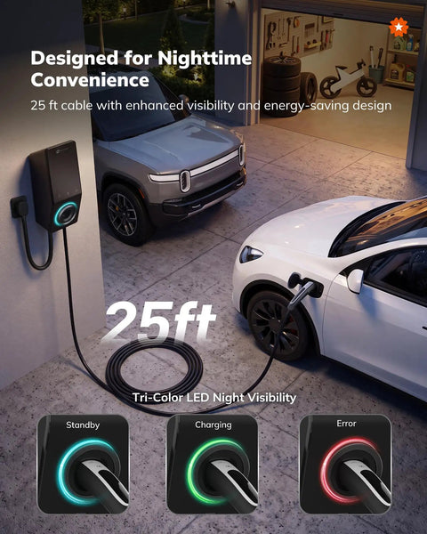 Zero Drama Level 2 EV Charger 40 Amp Nacs Connector Nema 14-50 Plug UL Certified 9.6Kw Output with 25ft cable and LED indicators.