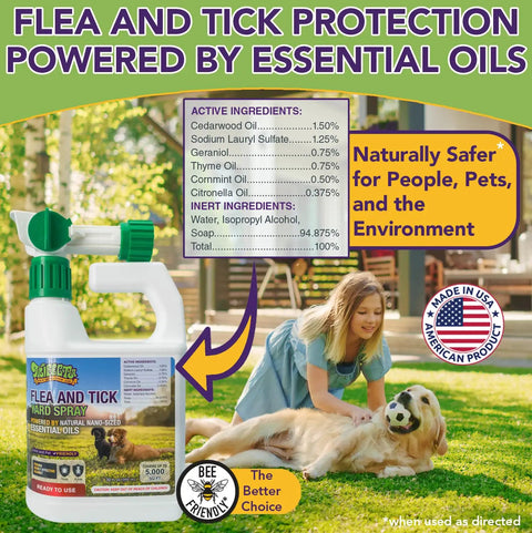 All Natural Flea And Tick Yard Spray For Outdoors With Essential Oils, Pet And Family Safe, in lush garden setting with dog.