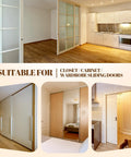 Sliding Closet Door Hardware Kit With Adjustable Floor Guide And Heightening Pads, 6-Piece Set Including 2 Front Rollers, 2 Rear Rollers, Floor Rail, 5 Heightening Washers And 10 Screws For 3/4 Inch To 1-3/8 Inch Thick Top Hung Wardrobe Doors displayed in various interior settings.
