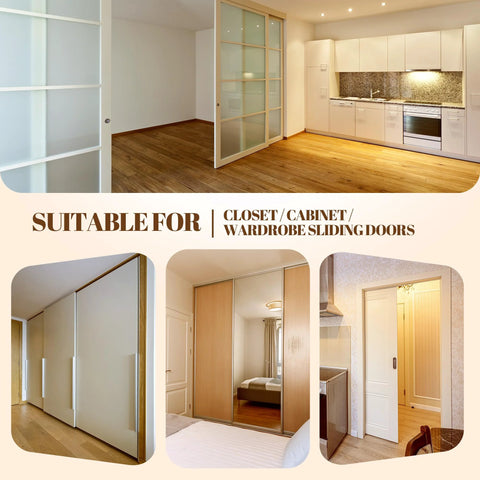 Sliding Closet Door Hardware Kit With Adjustable Floor Guide And Heightening Pads, 6-Piece Set Including 2 Front Rollers, 2 Rear Rollers, Floor Rail, 5 Heightening Washers And 10 Screws For 3/4 Inch To 1-3/8 Inch Thick Top Hung Wardrobe Doors displayed in various interior settings.