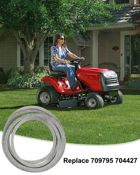 Beefed Up Kevlar Aramid V Belt for 46 Inch Deck Mowers in use, shown on a lawn tractor, reducing vibration and noise.