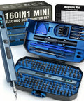 160 In 1 Mini Electric Cordless Screwdriver Kit with 140 S2 Magnetic Bits, torque settings, LED lights, and case