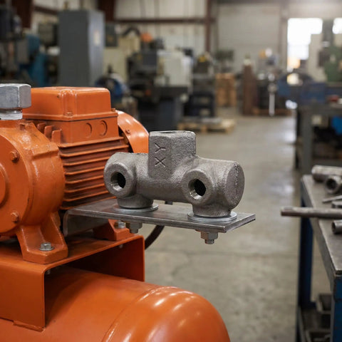 Built Tough Cast Iron Air Compressor Four Way Manifold Block With One Half Inch And One Quarter Inch Female Threads installed