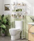 Three Tier Over Toilet Storage Rack With Built In Paper Towel Holder And Heavy Duty Hooks, Smart Bathroom Organizer Shelf maximizes vertical space.