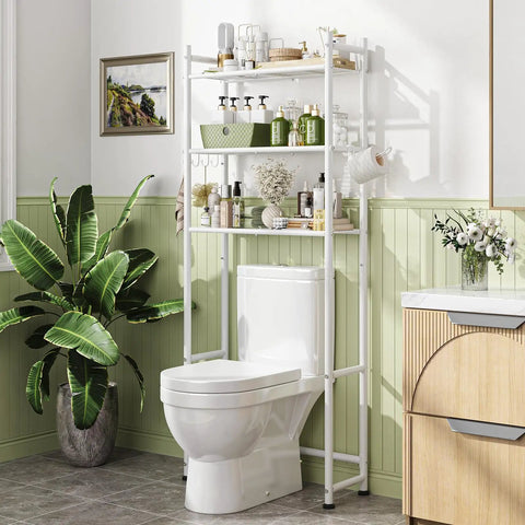 Three Tier Over Toilet Storage Rack With Built In Paper Towel Holder And Heavy Duty Hooks, Smart Bathroom Organizer Shelf maximizes vertical space.