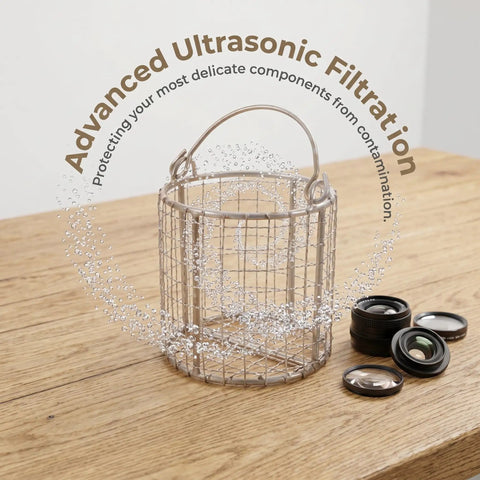 Healeved Stainless Steel Fine Mesh Cleaning Basket With Swinging Handle For Jewelry Watch Parts And Ultrasonic Cleaning In Industrial Lab Applications Precision Filtering Solution on wooden table with lens filters.