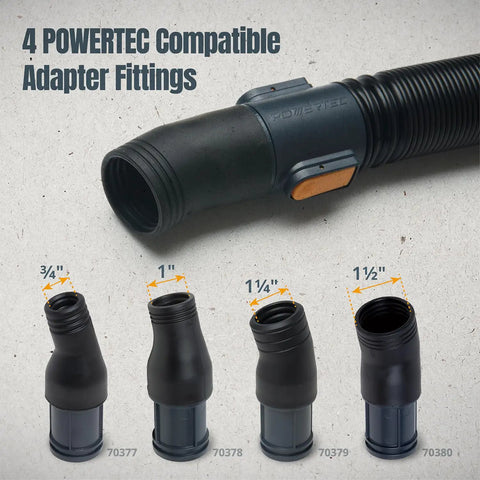 Powerful PowerTec 1-5/8 Inch Hose Adapter with Quick Connect Dust Collection Fitting and compatible adapter fittings.