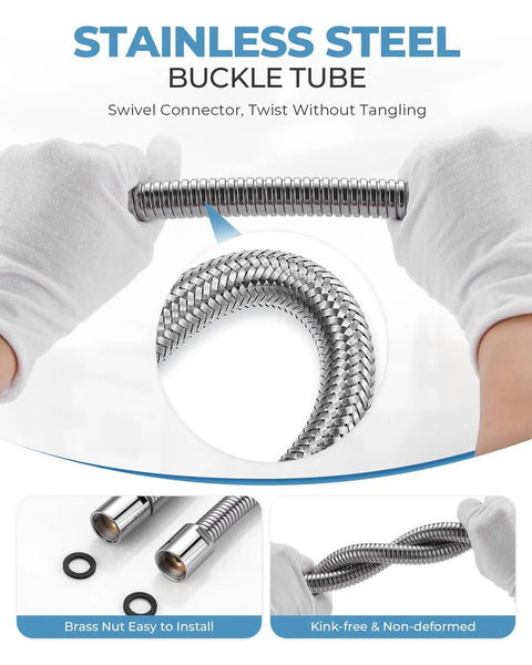 38 Inch Stainless Steel Pre Rinse Hose Replacement Kit shown with flexible stainless steel hose and swivel connector