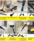 Heavy Duty Two Liter Canister Steam Cleaner Loaded With Eighteen Versatile Tools And Rapid High Temperature Steam Mop in use with attachments.