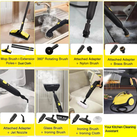 Heavy Duty Two Liter Canister Steam Cleaner Loaded With Eighteen Versatile Tools And Rapid High Temperature Steam Mop in use with attachments.