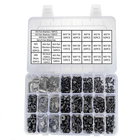1310 Piece Metric Hex Socket Flat Head Screw Bolt Assortment Kit With Washers And Nuts M2 M3 M4 M5 M6 Heavy Duty Alloy Steel Fasteners in box.