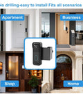No Drill Anti Theft Doorbell Mount For Blink Cams with Non Blocking Motion Sensor Design, shown on various doors, renter friendly.
