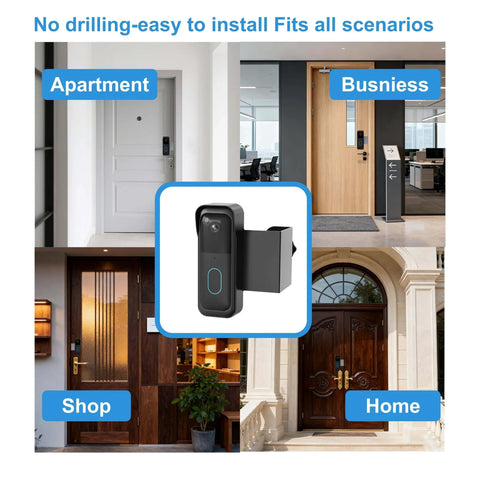 No Drill Anti Theft Doorbell Mount For Blink Cams with Non Blocking Motion Sensor Design, shown on various doors, renter friendly.