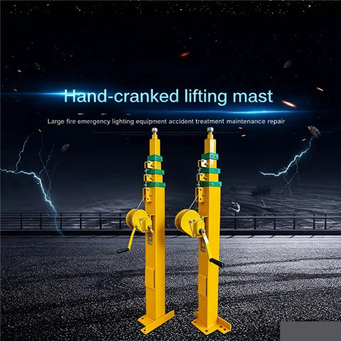 Hand-cranked lifting mast with a yellow aluminum body designed for large emergency lighting equipment setup.