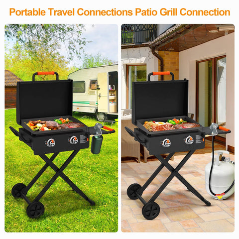 Portable grill with open lid on wheels, cooking food outdoors, showing propane tank connection for patio and camping use.
