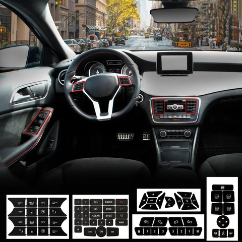 Mercedes Benz Dash Button Repair Kit With Stickers And Decals To Restore Faded Interior Buttons shown in car interior
