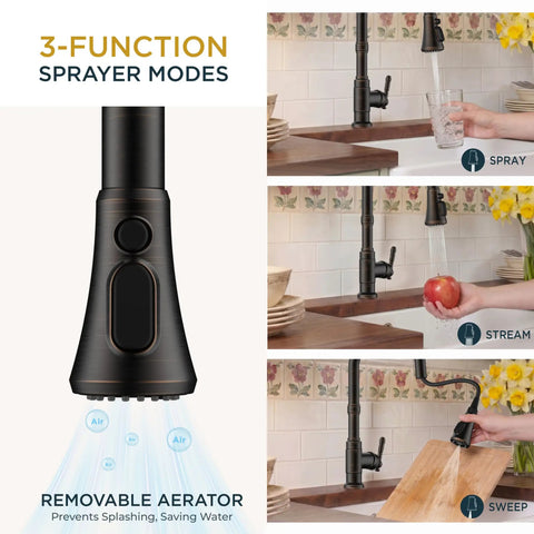Vintage Kitchen Sink Faucet With Pull Down Sprayer And Single Handle showing sprayer modes for versatile kitchen use.