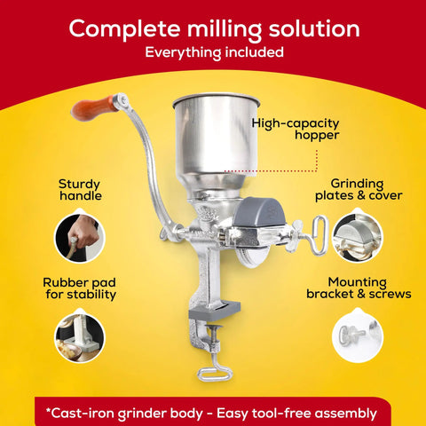 Heavy Duty Cast Iron Grain Mill With High Hopper Manual Crank Grinder For Corn Rice Soybeans Pepper Chickpeas And More Ideal For Domestic Use And Traditional Home Kitchen Milling For Home Cooks with complete milling solution components visible in image.