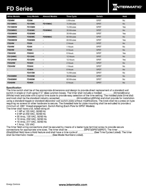 Specification sheet for Intermatic FD Series wall timers including 2 Hour Spring Loaded Wall Timer For Fans And Lights