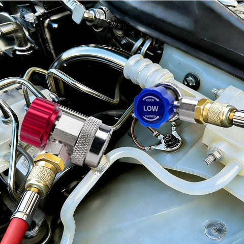 R134a Car AC Adapter Fittings With Adjustable Quick Couplers For High And Low Side installed on vehicle AC system