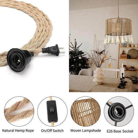 Boho Hemp Rope Pendant Light With Plug In Cord 15ft Hanging Lamp With On Off Switch UL Certified Socket details and room view