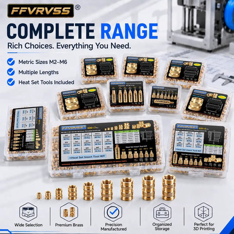 Pro Grade Lead Free Brass Threaded Inserts Kit M5x8x7mm Heat Set Hardware For 3D Printing Parts displayed in organized storage boxes.