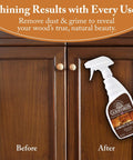 Straight Forward Cabinet And Wood Cleaning Spray Powered By Real Beeswax Furniture Polish on kitchen cabinets before and after use.
