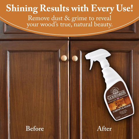 Straight Forward Cabinet And Wood Cleaning Spray Powered By Real Beeswax Furniture Polish on kitchen cabinets before and after use.