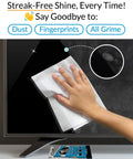 Person cleaning TV screen with XL Screen Cleaning Wipes For TVs And Monitors, Streak Free And Fast Drying, Deionized Water Formula
